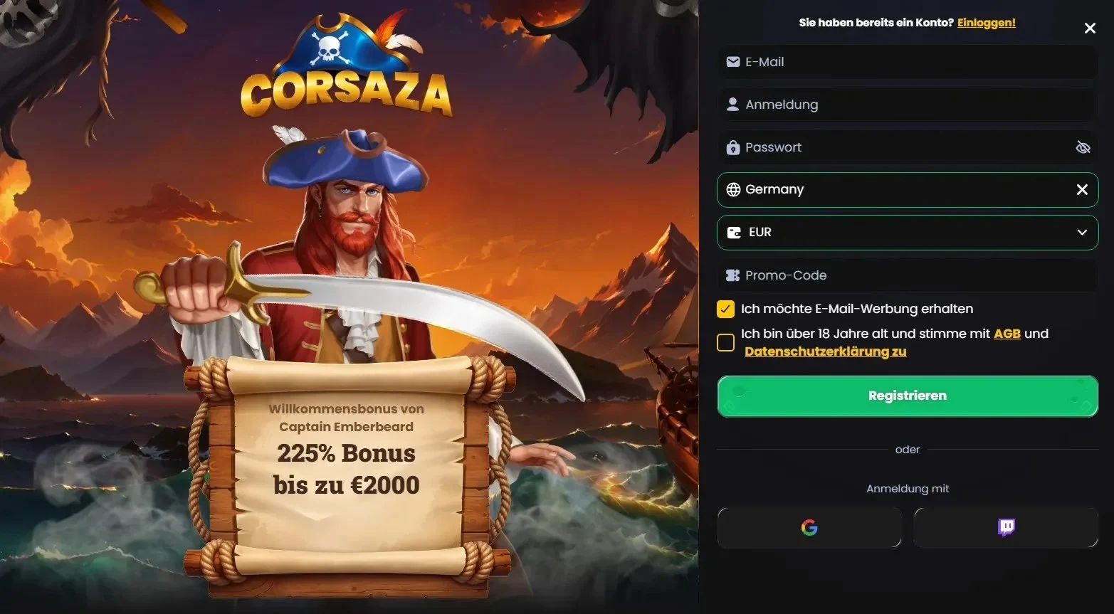 Corsaza Registrierung: Formular und Willkommensbonus Captain Emberbeard